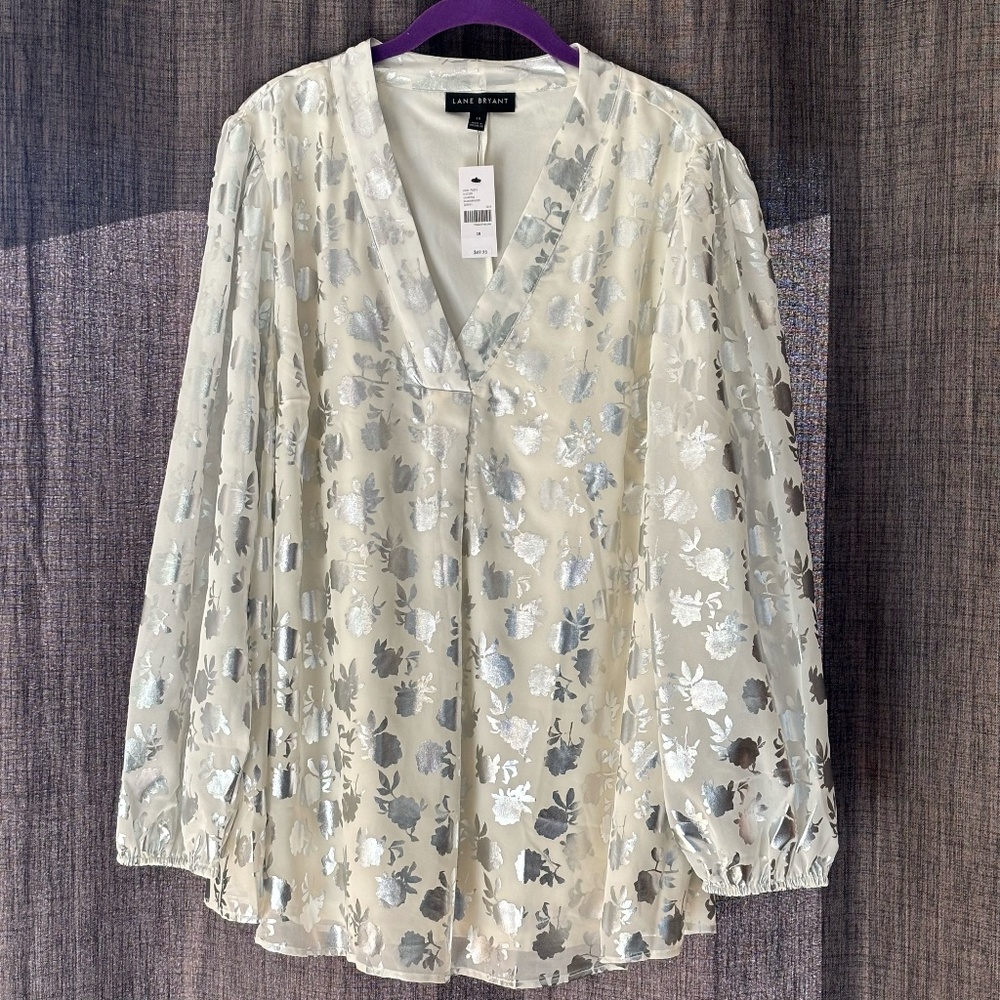 NWT Lane Bryant Women's Long Sleeve Top Blouse SZ 18 White Fully Lined Party